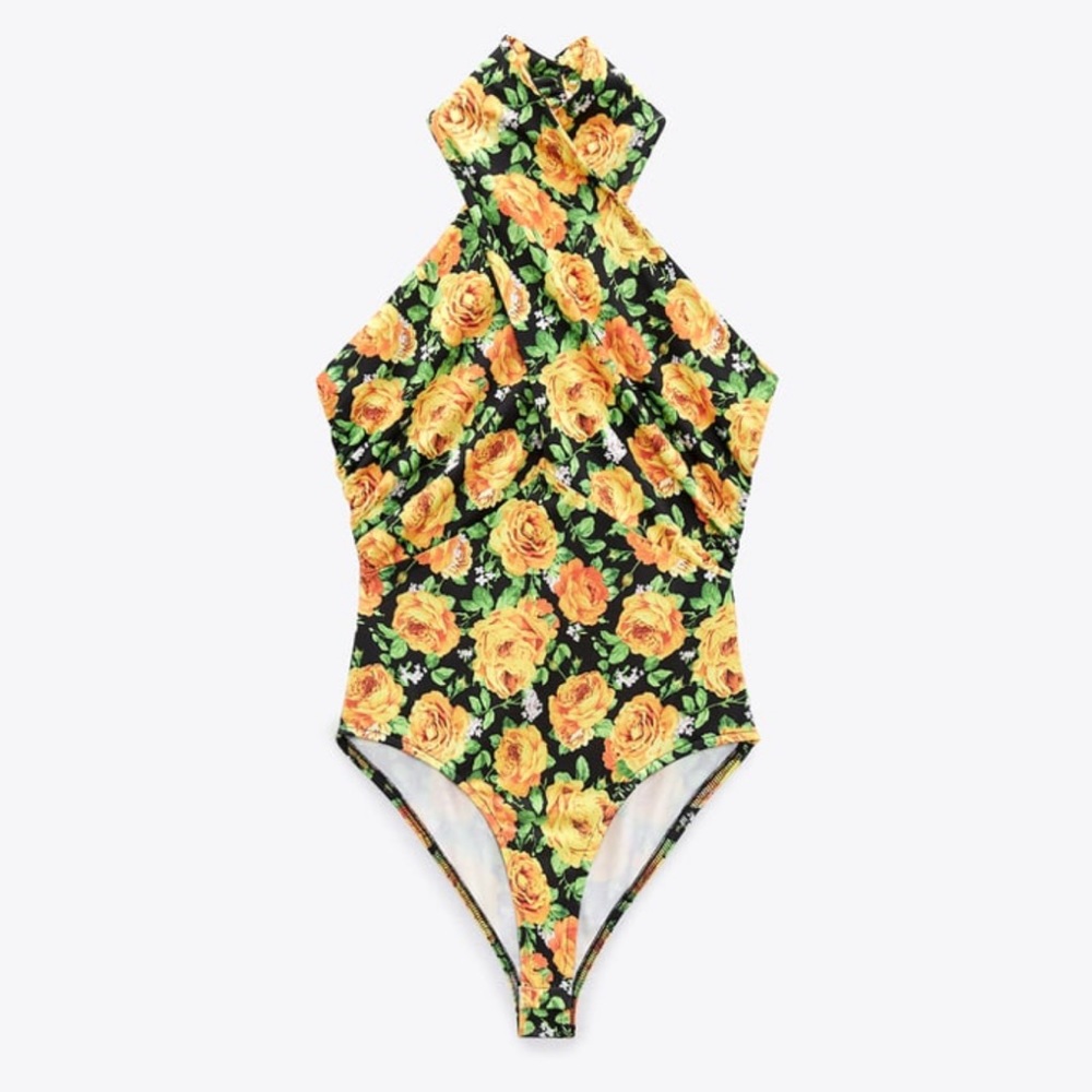NWT ZARA CROSS NECK BODYSUIT BLACK/ORANGE/GREEN SIZE M -NWT